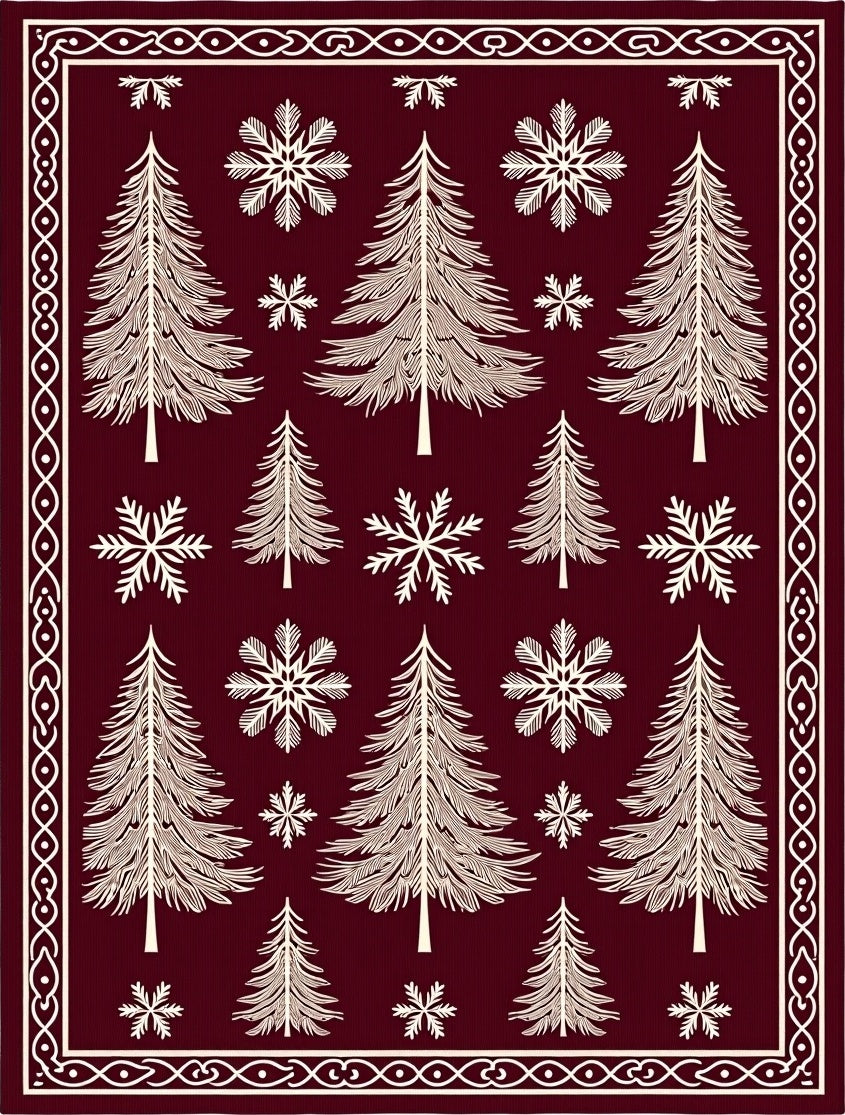 Deep Red Pinecone Snowflake Border Rug