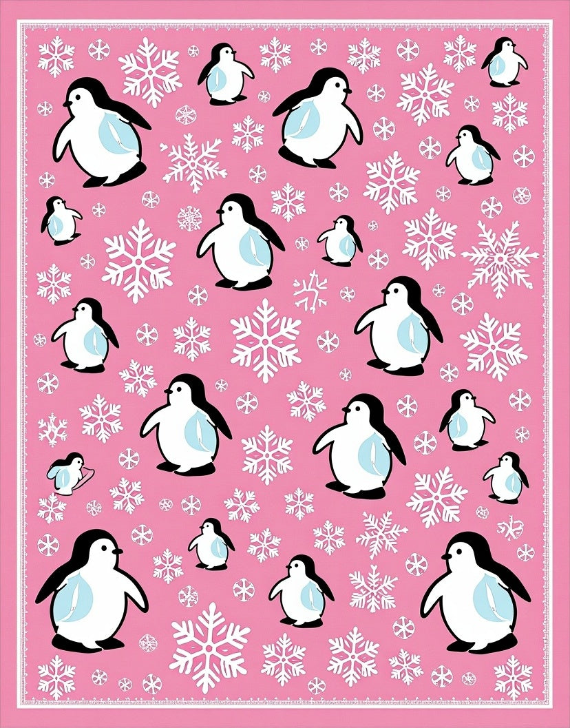 Pink Penguin Snowflake Scene Rug