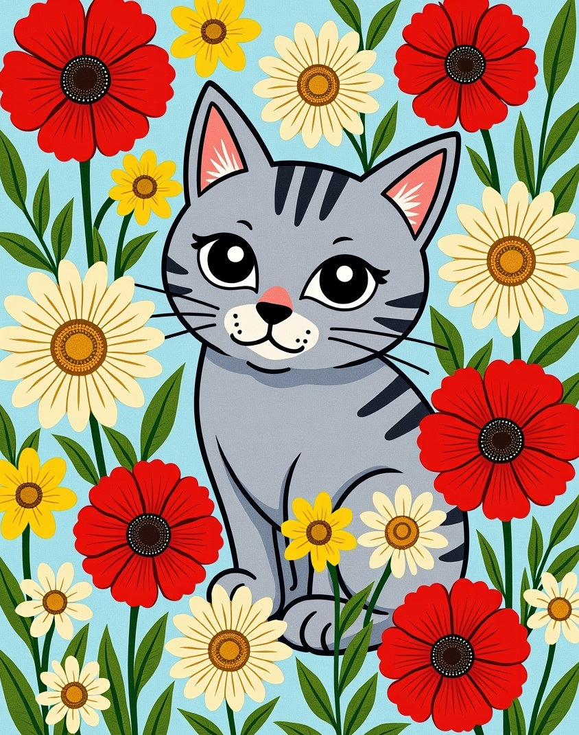 Gray Cat Among Red Yellow Flowers Rug