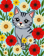 Gray Cat Among Red Yellow Flowers Rug