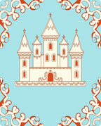 Whimsical Castle Sky Blue Orange Rug