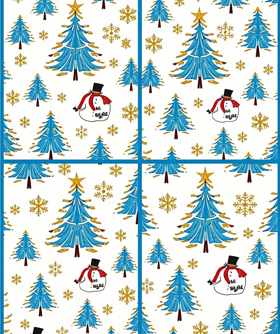 Blue Christmas Trees Snowman Gold Snowflakes Rug