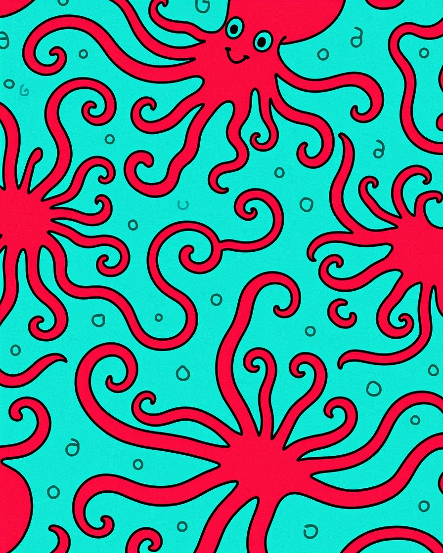 Crimson Octopus Swirl Aqua Rug