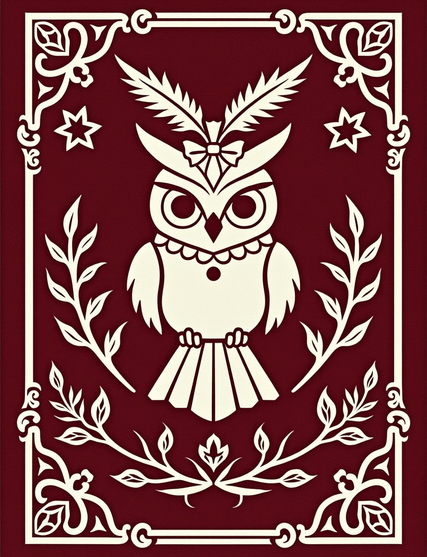 Deep Crimson Owl Whimsy Border Rug