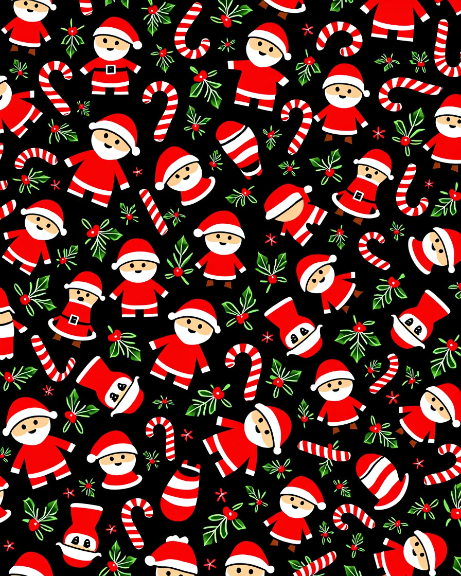 Festive Santa Candy Cane Holly Black Rug