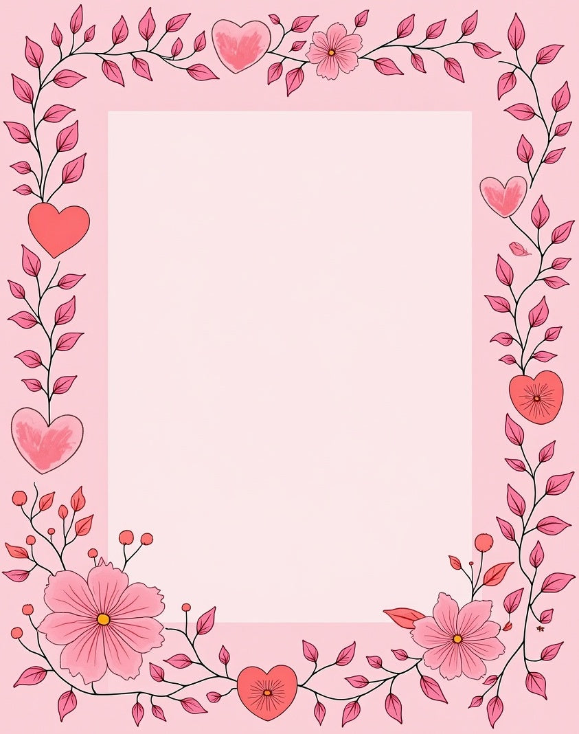 Pink Hearts Floral Vine Border Rug