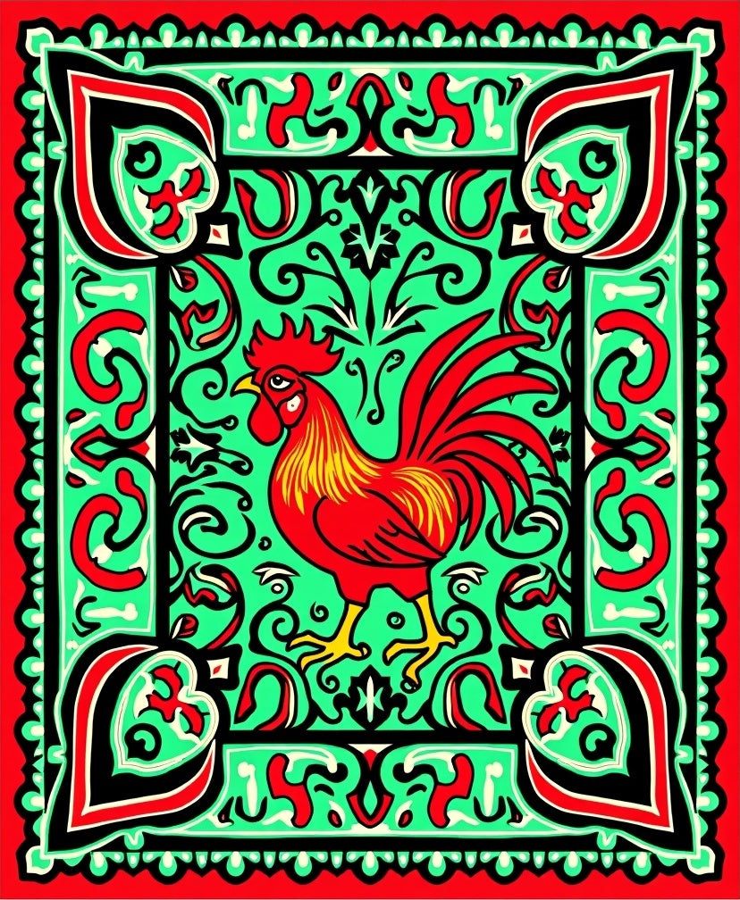 Bold Red Rooster Emerald Swirl Border Rug