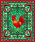 Bold Red Rooster Emerald Swirl Border Rug