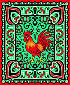 Bold Red Rooster Emerald Swirl Border Rug