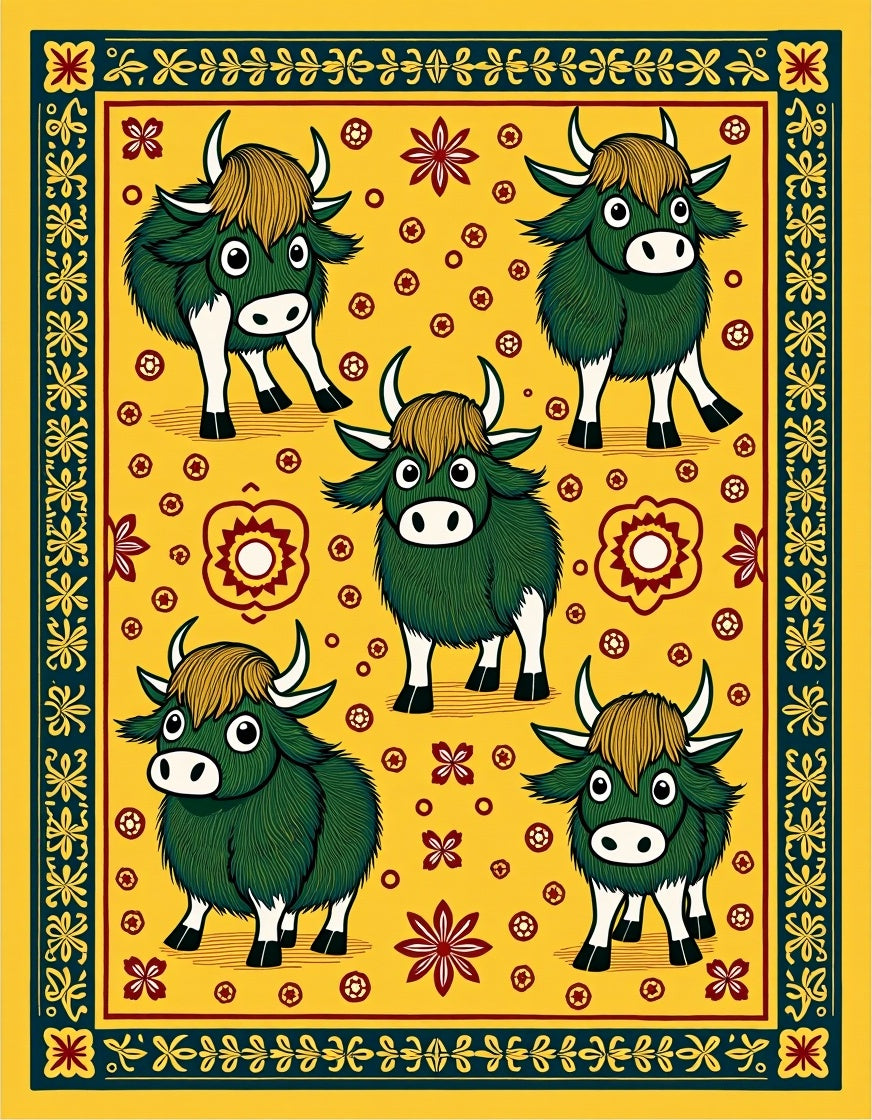 Charming Green Yaks Yellow Folk Art Rug