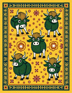 Charming Green Yaks Yellow Folk Art Rug