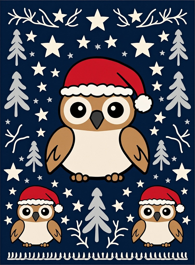 Festive Owls In Santa Hats Stars Rug