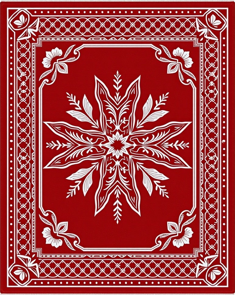 Crimson White Floral Starburst Frame Rug