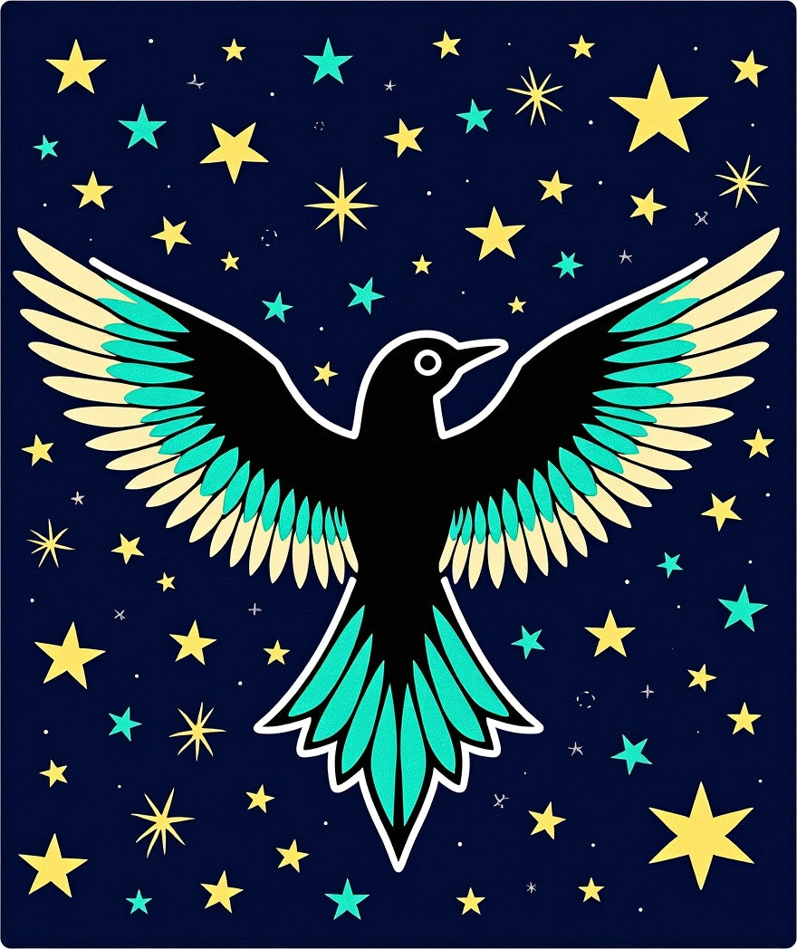 Black Bird Among Yellow Stars Rug
