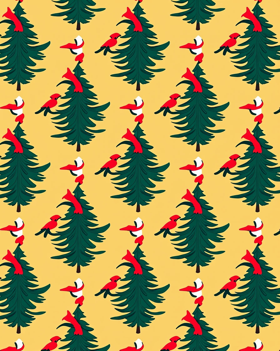 Winter Green Trees Red Birds Yellow Background Rug