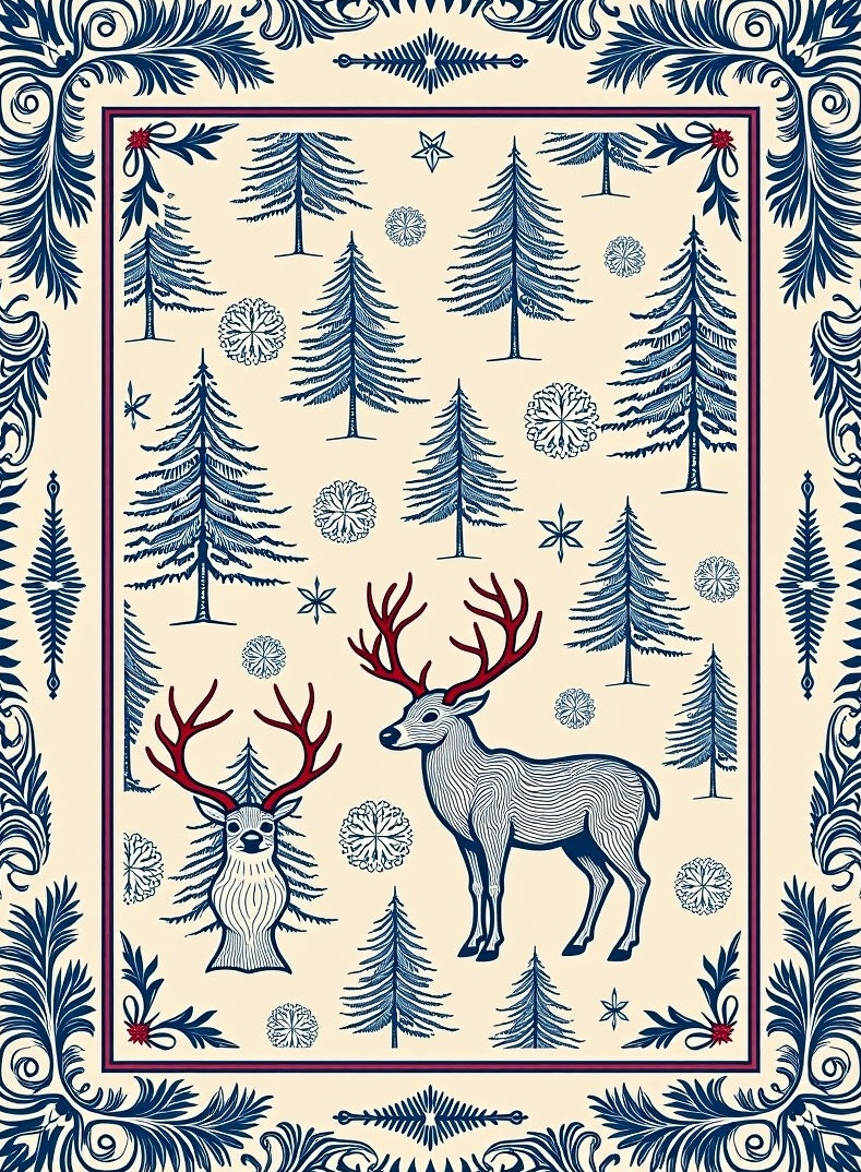 Crimson Antlered Deer Forest Snowflakes Rug