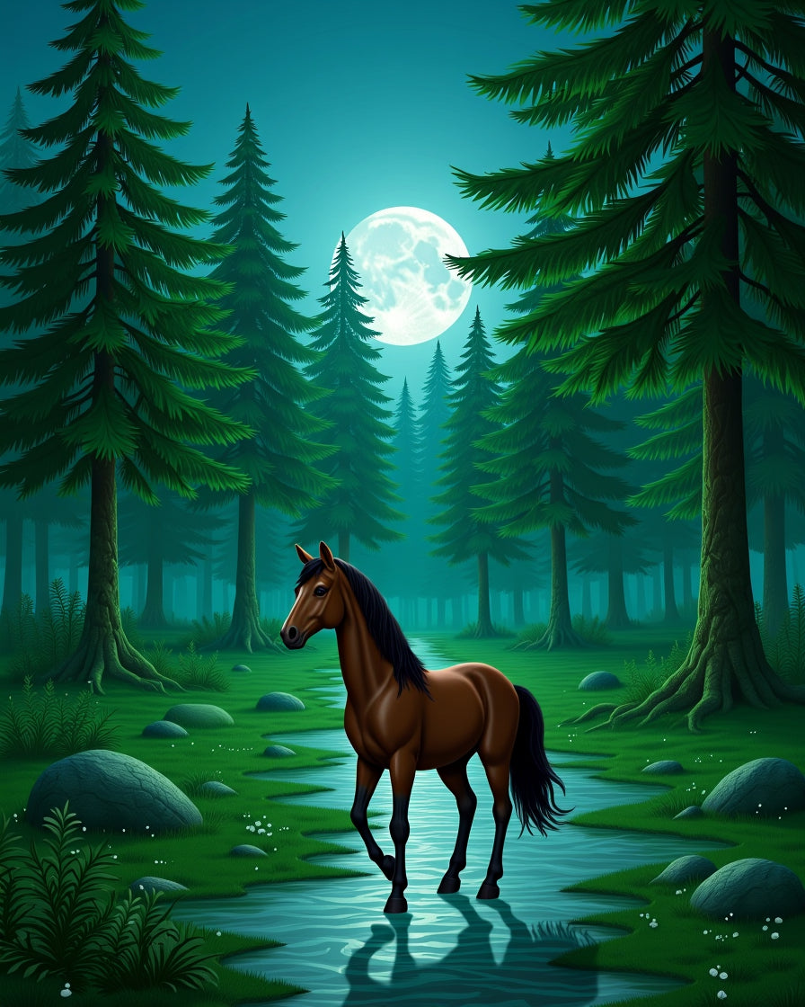 Mystical Forest Horse Moonlit Stream Rug