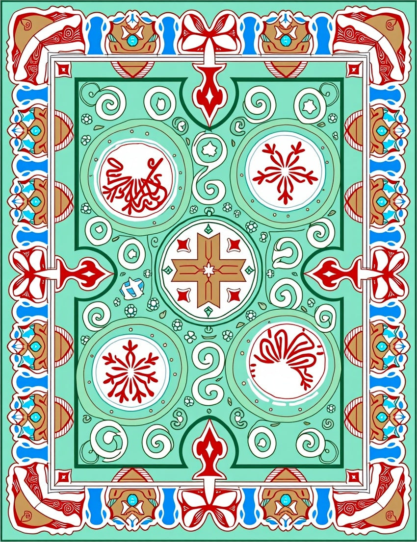 Aqua Teal Red Medallion Scroll Rug