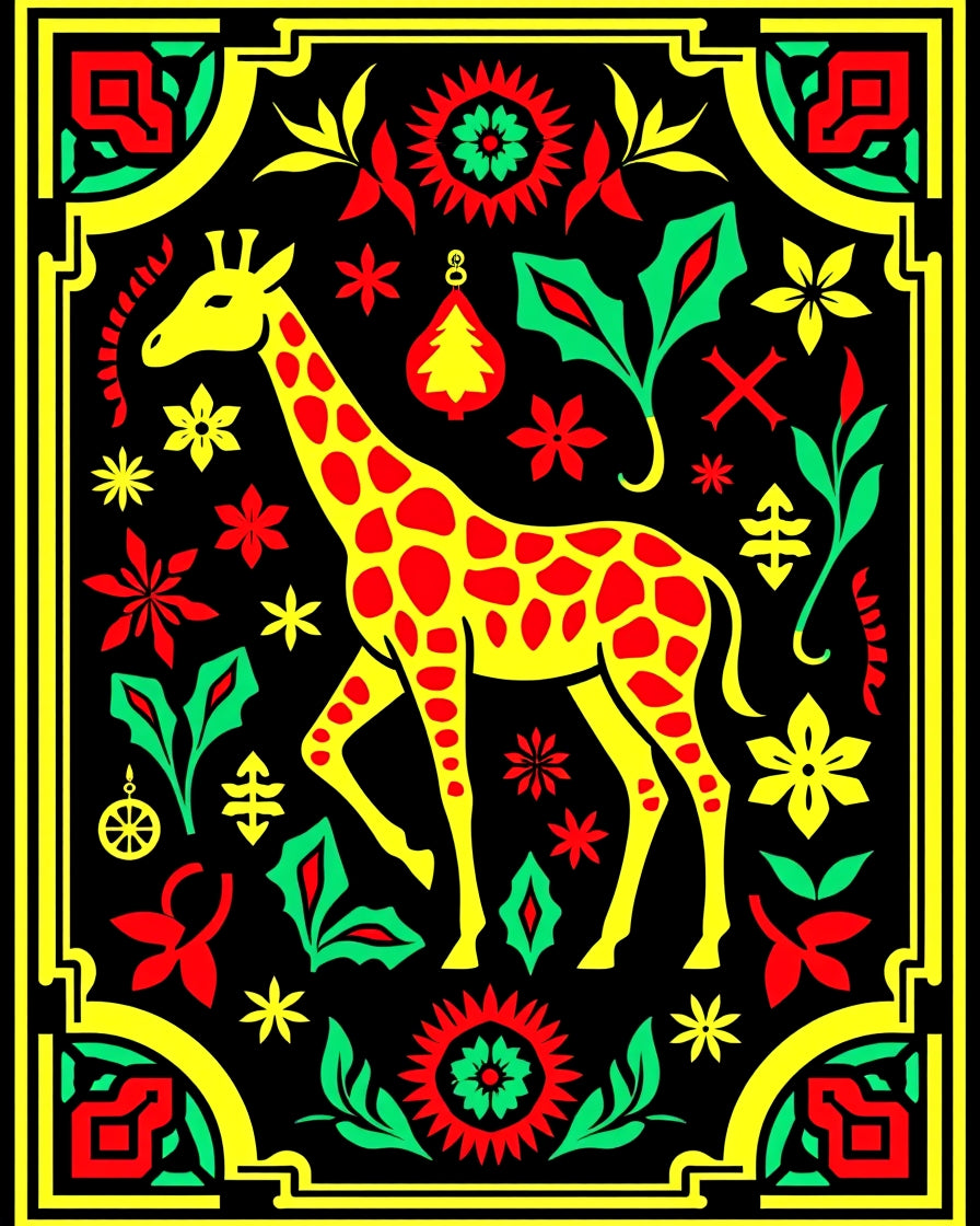 Whimsical Yellow Giraffe Floral Border Rug
