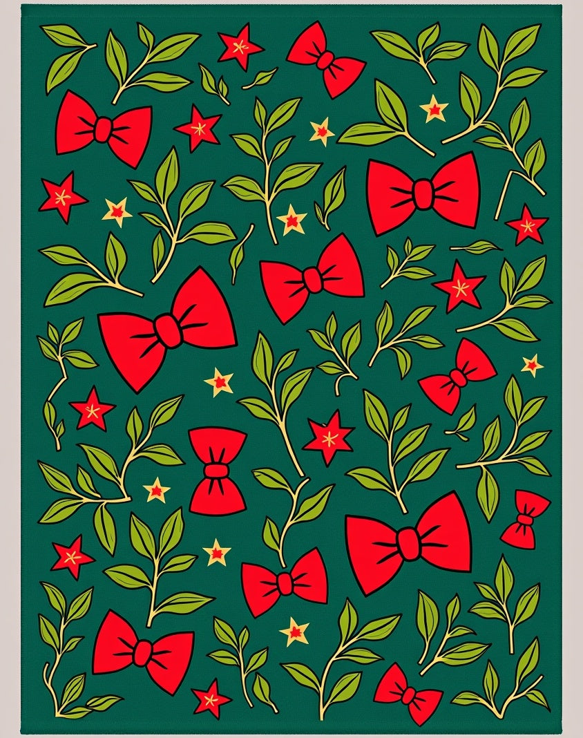 Festive Red Bows Green Foliage Stars Rug