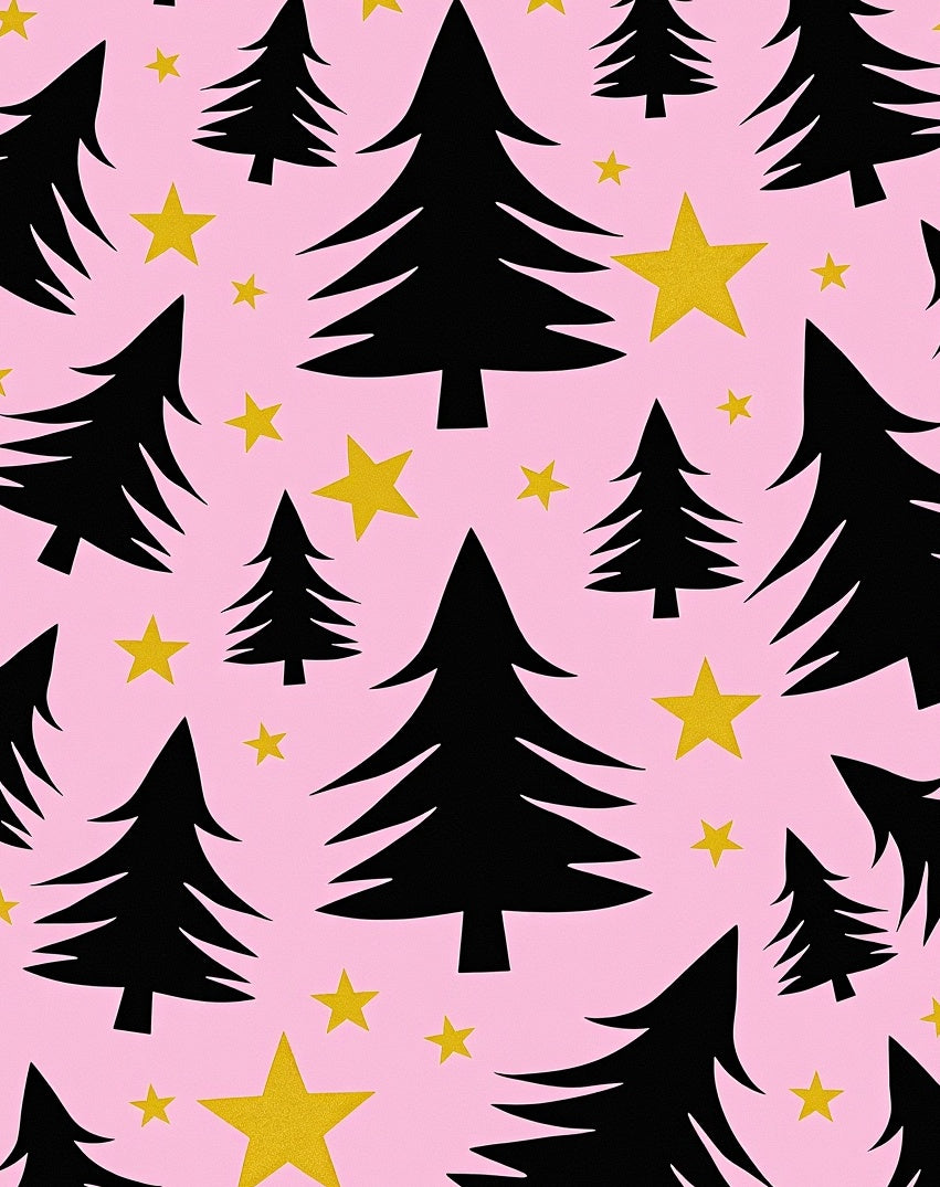 Black Tree Pink Star Christmas Rug