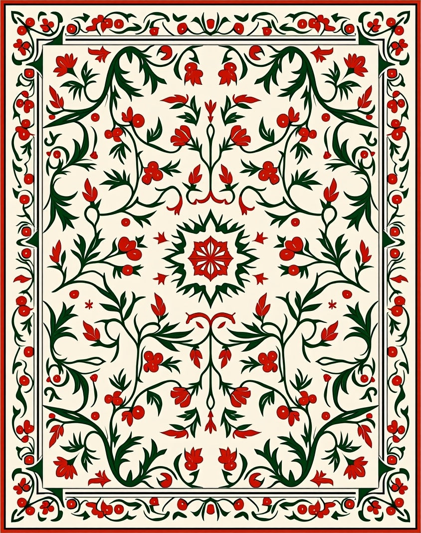 Crimson Berry Floral Vine Medallion Rug