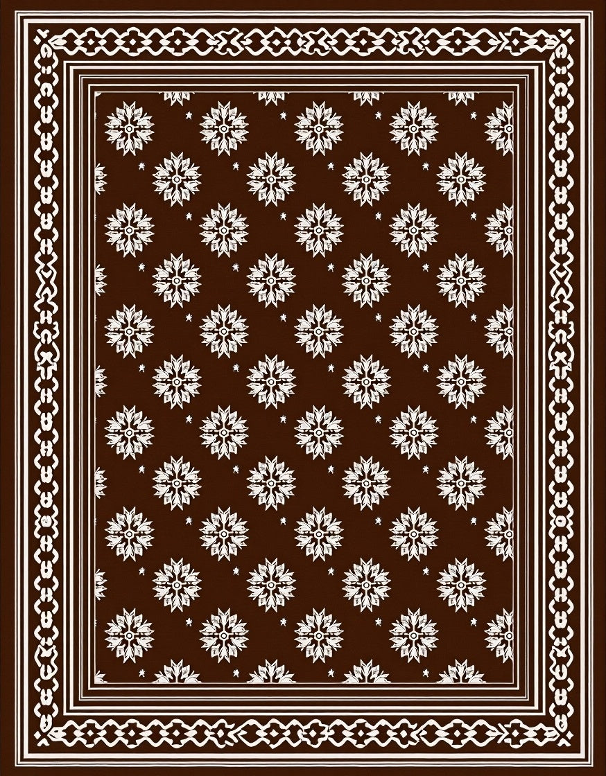 Brown White Floral medallion Border Rug