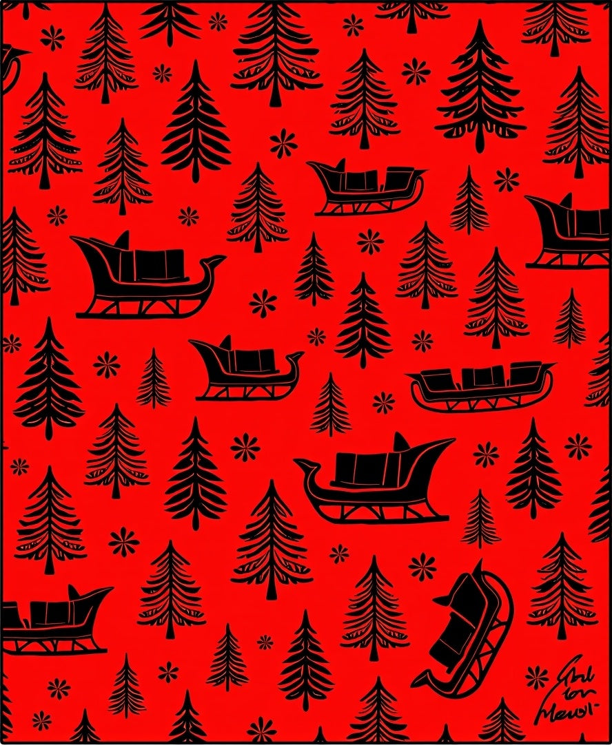 Red Black Christmas Sleigh Trees Rug