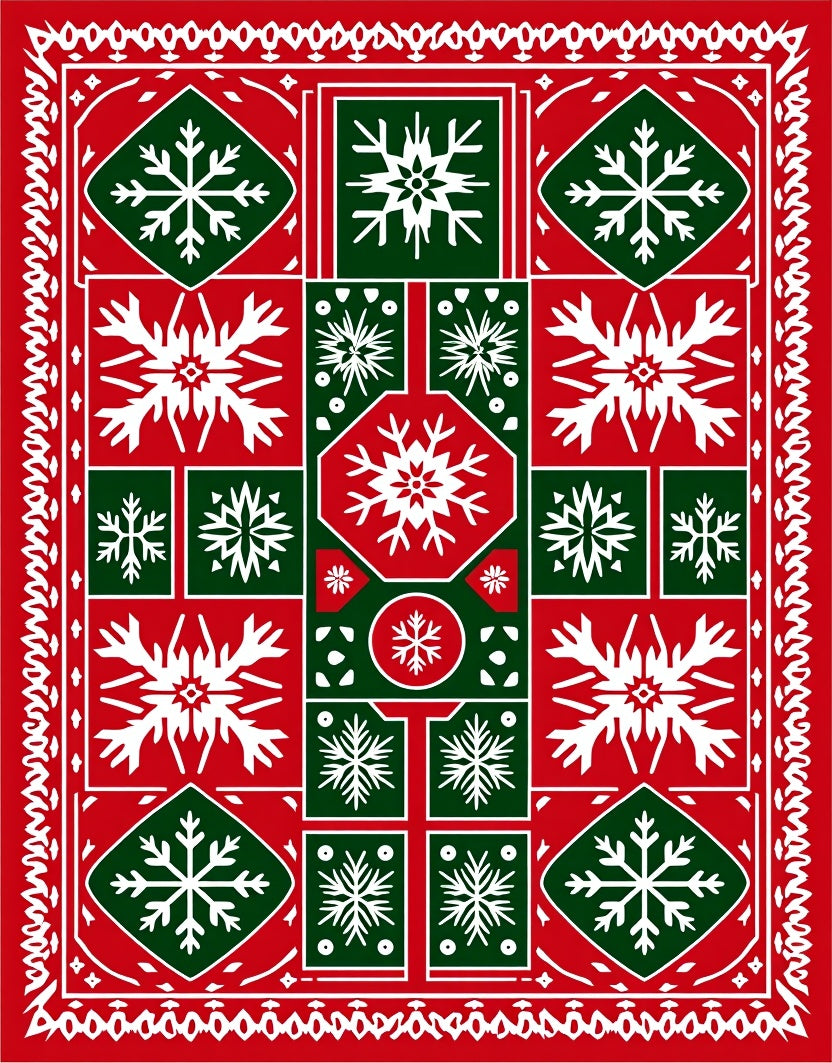Festive Red Green Snowflake Collage Rug