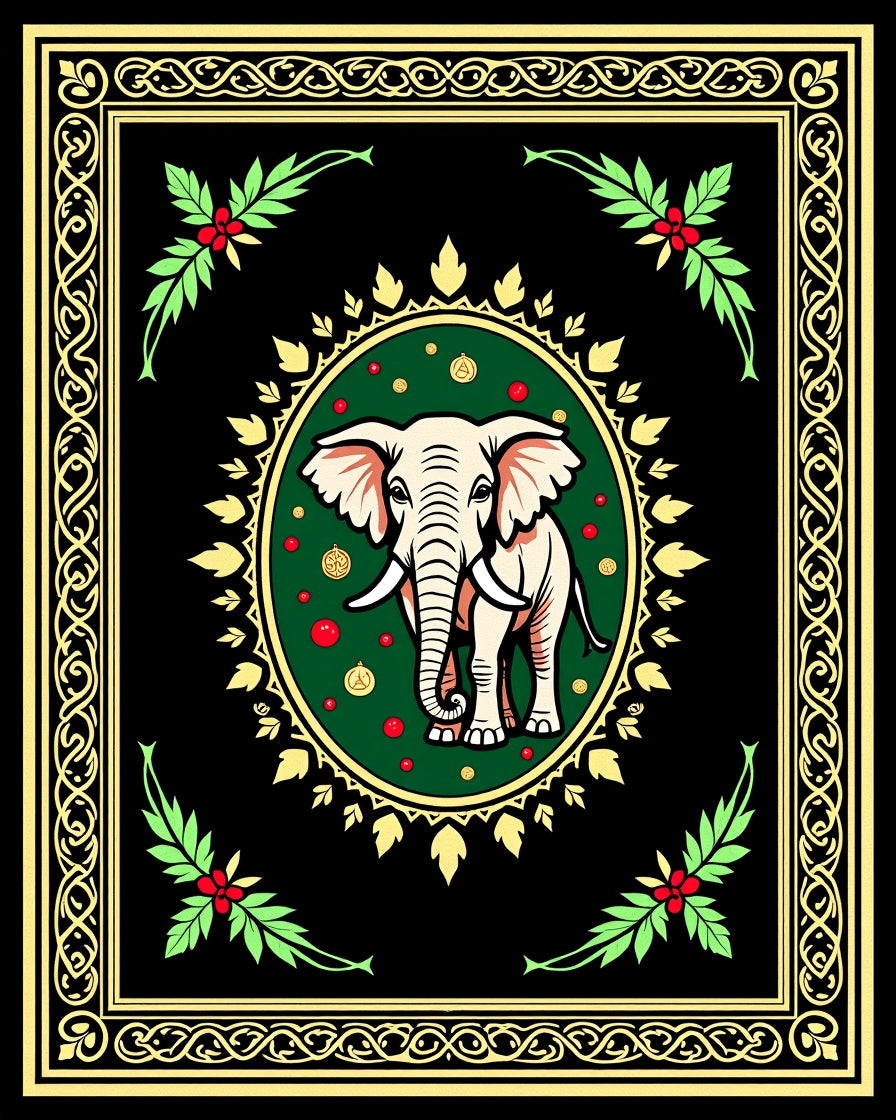Elegant Ivory Elephant Festive Green Oval Rug