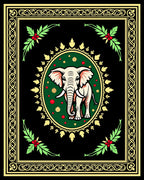 Elegant Ivory Elephant Festive Green Oval Rug