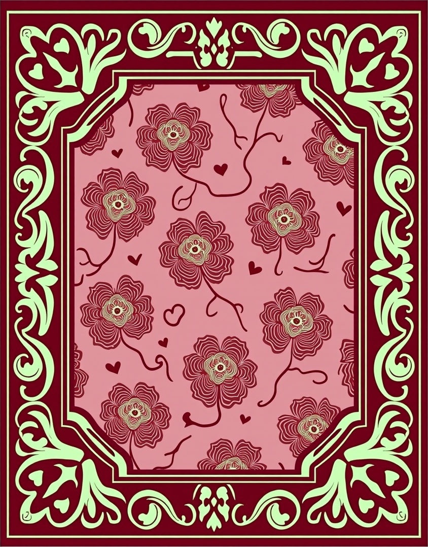 Crimson Floral Hearts Border Rug