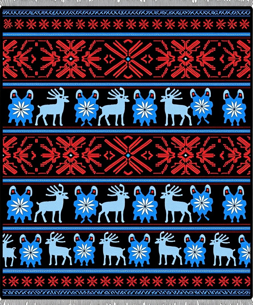 Black Red Blue Deer Folk Art Rug