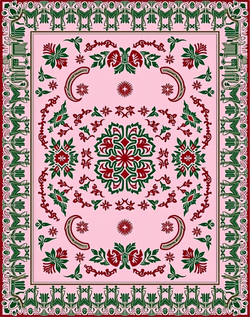 Pink Red Green Floral Garden Medallion Rug