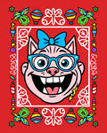 Whimsical Pink Cat Blue Glasses Border Rug