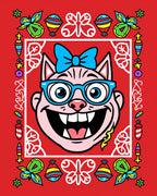 Whimsical Pink Cat Blue Glasses Border Rug