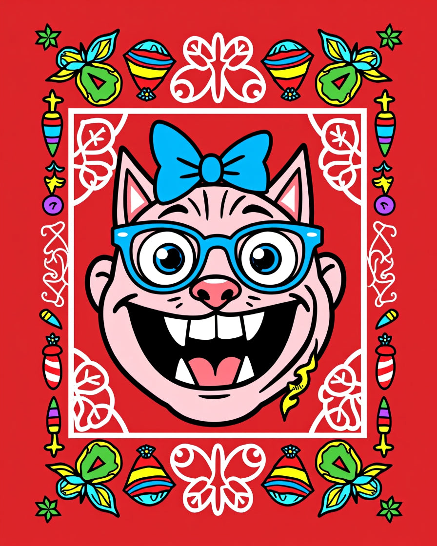 Whimsical Pink Cat Blue Glasses Border Rug