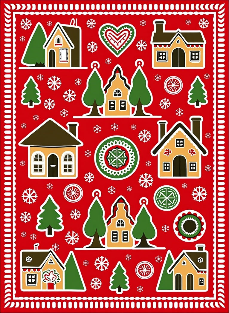 Festive Red Village Gingerbread Scandinavian Rug