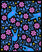 Whimsical Blue Cats Pink Flowers Rug