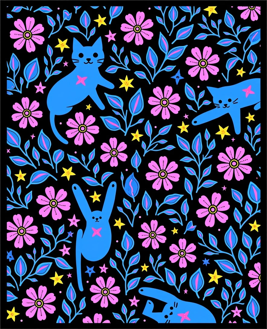 Whimsical Blue Cats Pink Flowers Rug