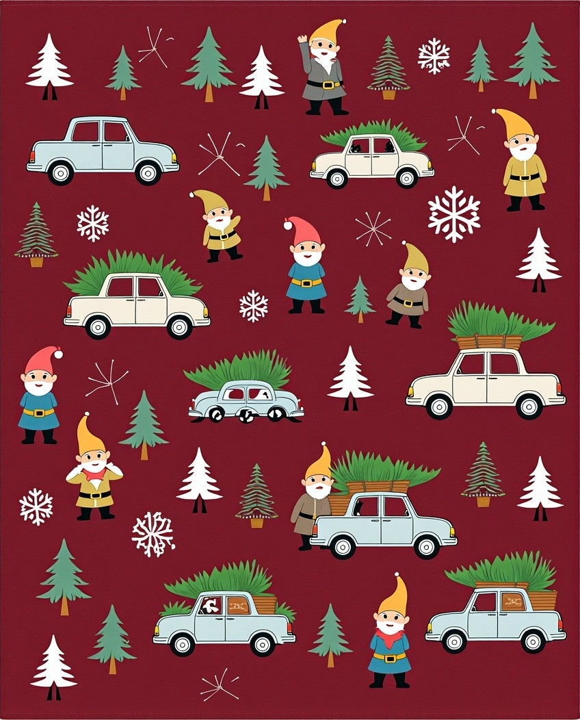 Festive Red Gnomes Tree Car Snowflakes Rug