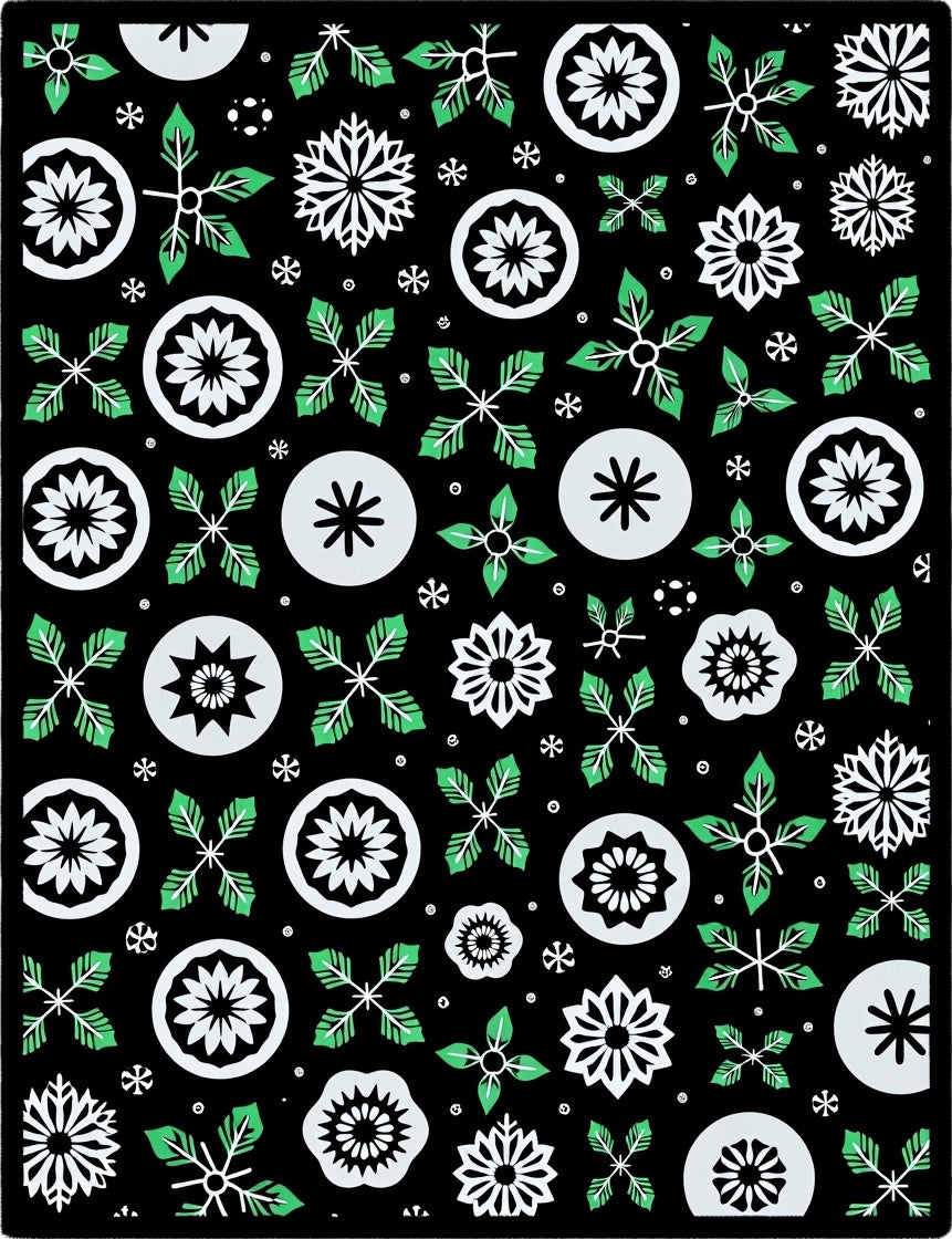 Black White Green Floral Snowflake Medallion Rug