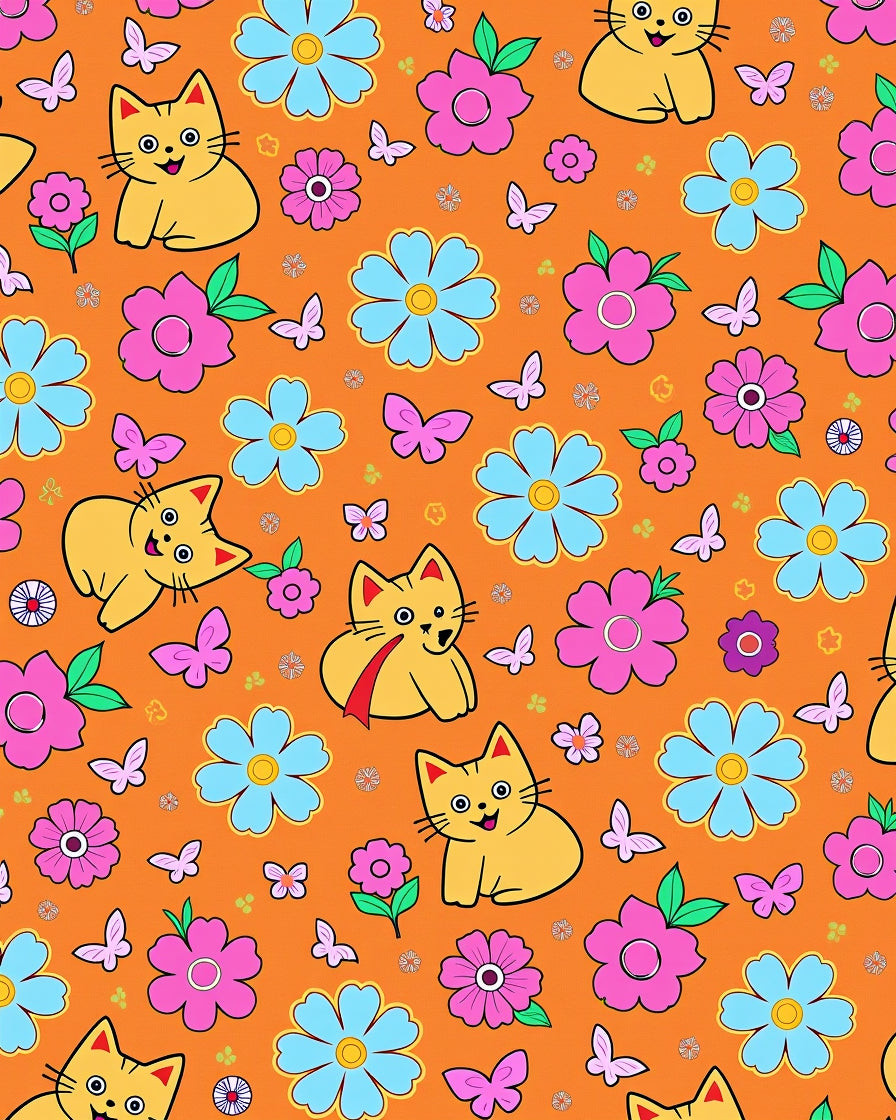 Whimsical Yellow Cats Pink Blue Flowers Rug