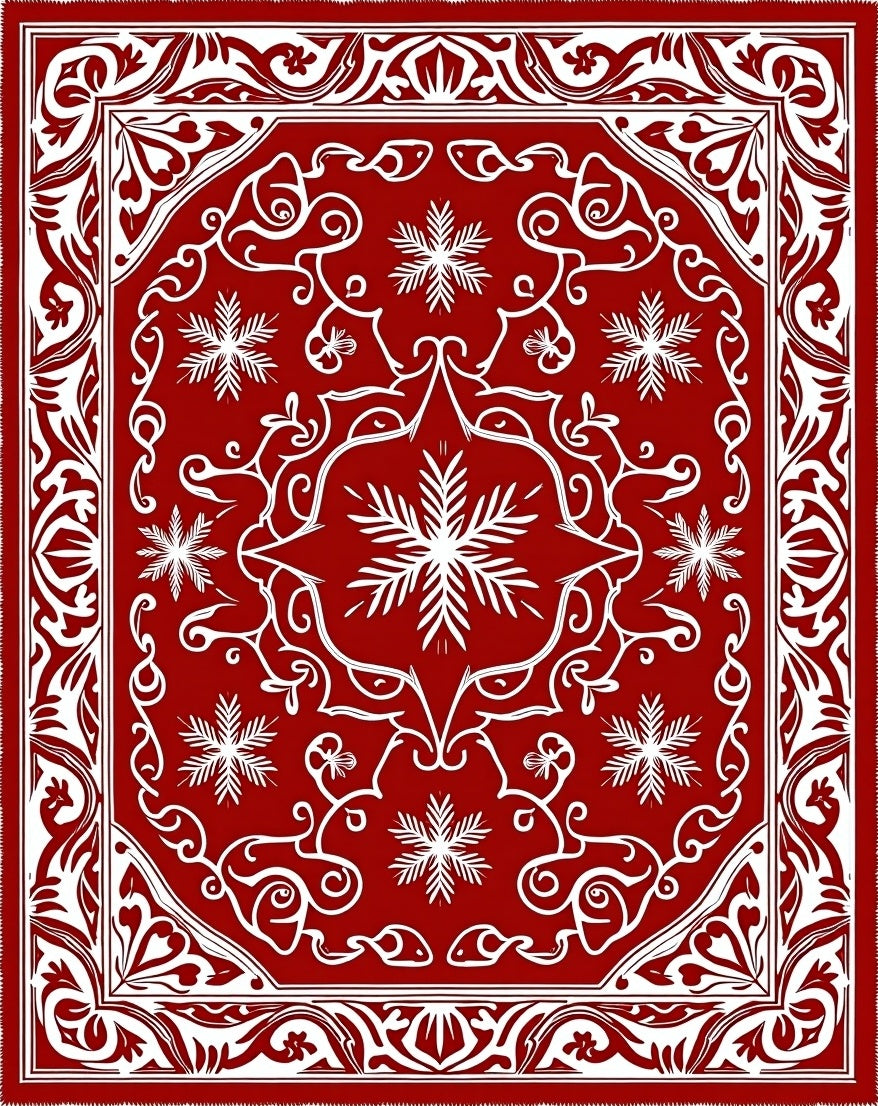 Crimson White Snowflake Scroll Medallion Rug