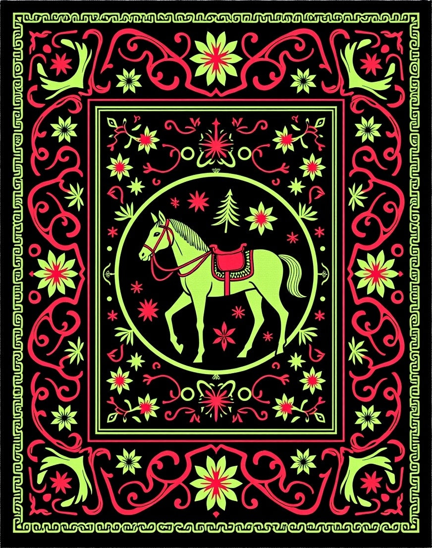 Neon Horse Circle Floral Border Rug