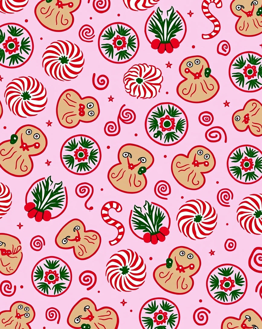 Pink Gingerbread Peppermint Holly Swirls Rug
