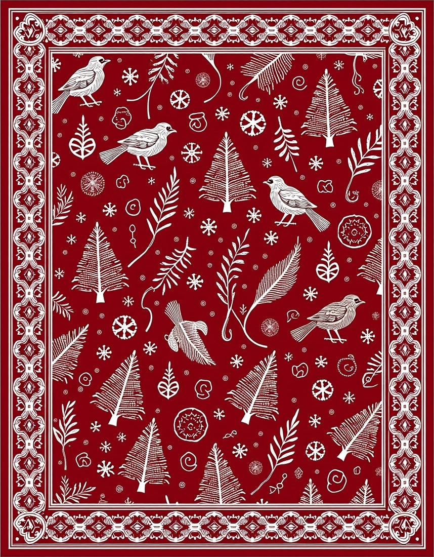 Crimson Red Winter Bird Tree Snowflakes Rug