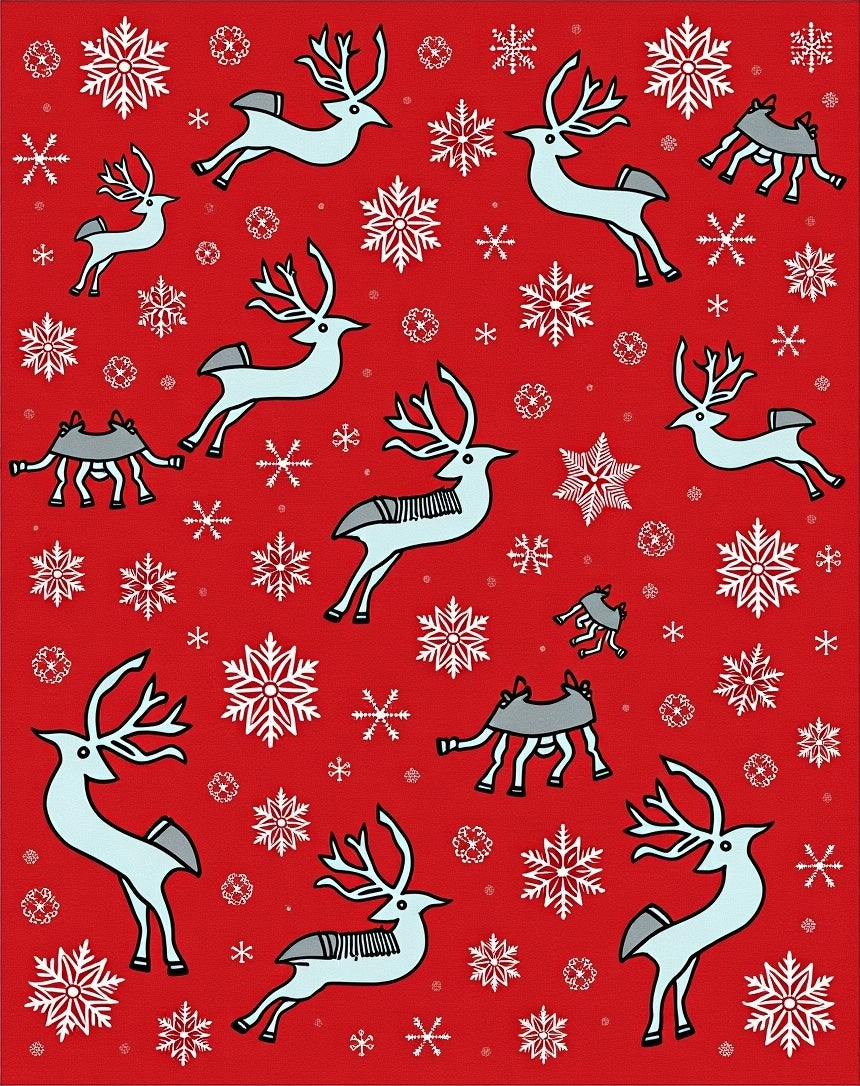 Red Reindeer Snowflake Holiday Scene Rug