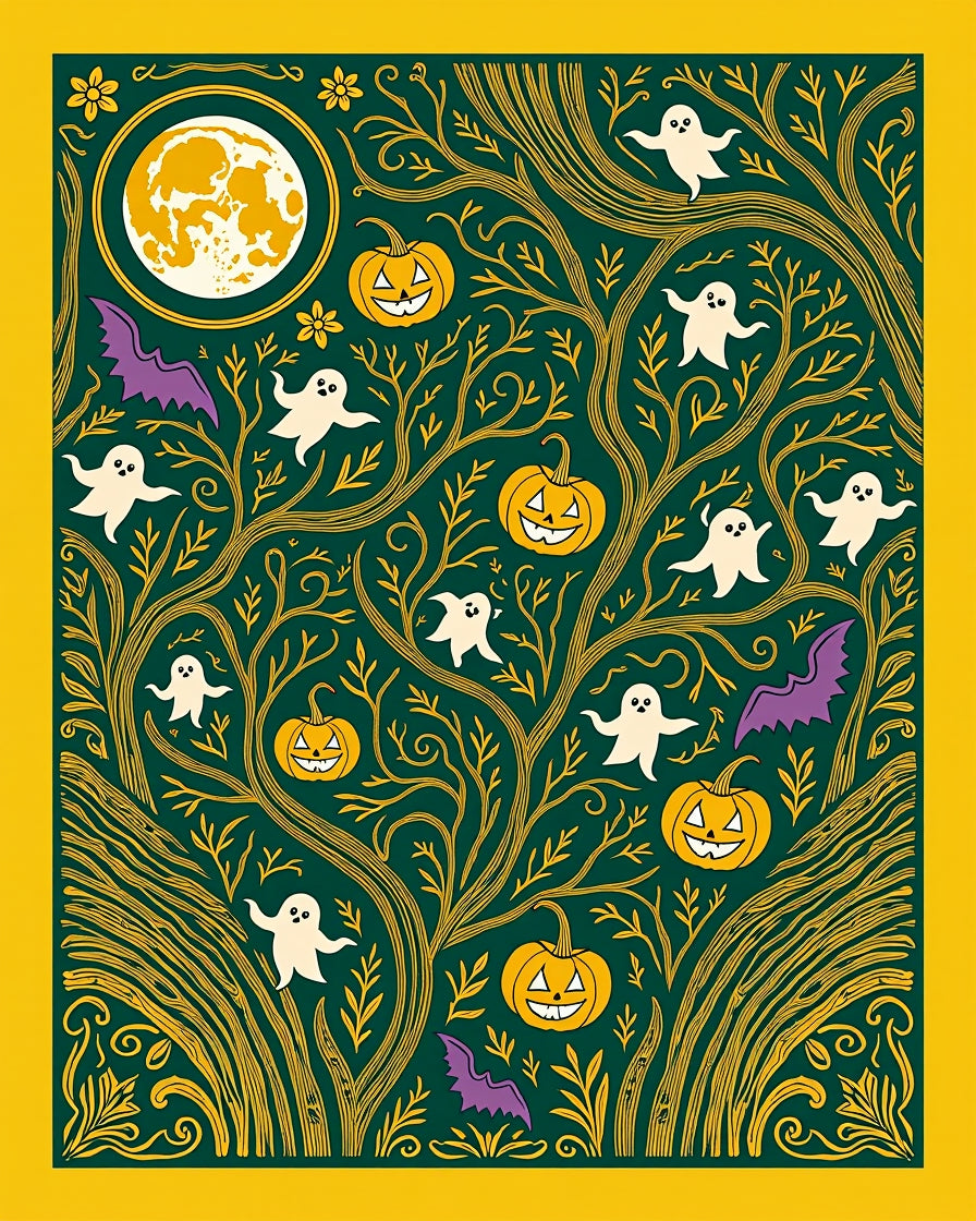 Whimsical Halloween Moon Bat Ghost Pumpkins Rug