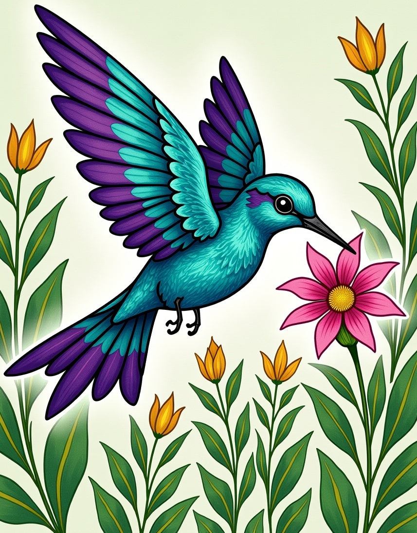 Vibrant Hummingbird with Floral Garden Rug